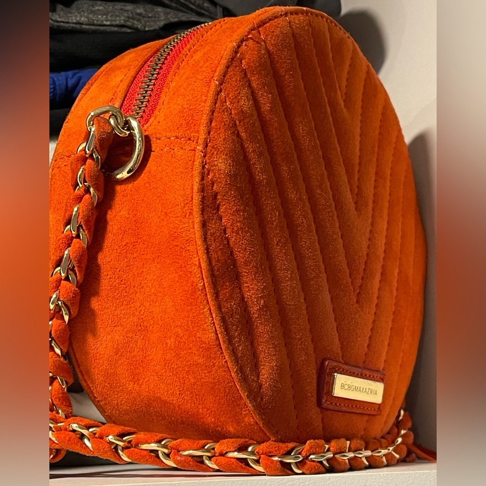 BCBG MaxAzria Orange Faux Suede Quilted Chevron Round Crossbody - Picture 11 of 16